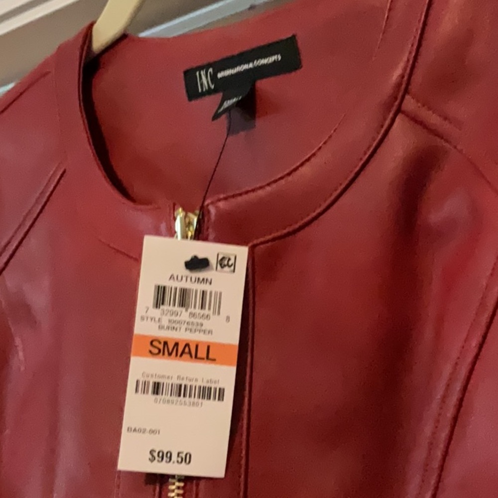 INC International Concepts faux Red Leather Jacket Peplum Style - Picture 2 of 10
